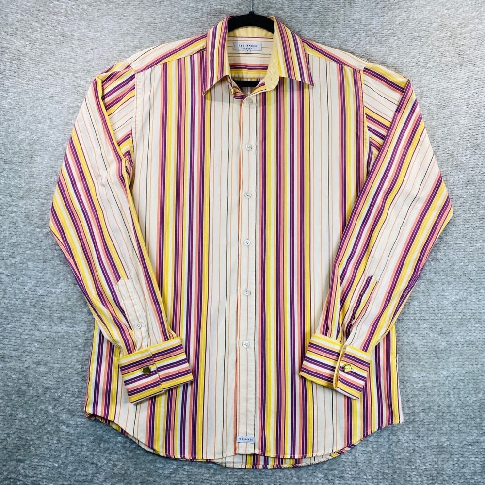 Ted Baker London Mens Striped Button Down Shirt Size 3 Purple Yellow Portugal